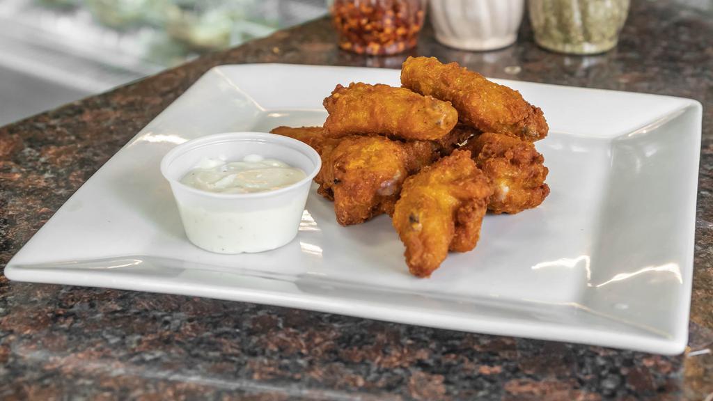 8 Buffalo Wings · Served with blue cheese sauce.