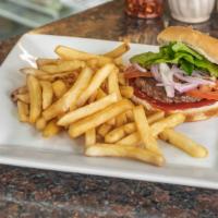 Hamburger Deluxe · No cheese hamburger served with tomato, lettuce, onion, ketchup, and mayo. Served with fries.