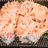 Y2K Roll · Salmon tempura and avocado inside, topped with chop spicy crabmeat.
