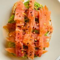 Smoked Salmon Toast · Fresh Sourdough Bread, Cream Cheese, Smoked Salmon, Red Pepper Flakes