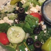 Greek Salad · Romaine with feta crumbles, tomato, black olives, pepperoncini, cucumbers, Greek dressing. W...