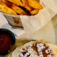 The Mcquarter · English muffin French toast style, bacon, egg, sausage, hand-cut fries, topped with maple sy...