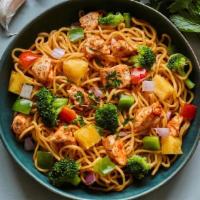 Spicy Garlic · Freshly made egg white noodles, roasted chicken, bell peppers, broccoli, red onions, pineapp...