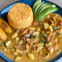 Guatita · Beef tripe and potato in peanut sauce. Yellow rice. Sweet plantains. Avocado