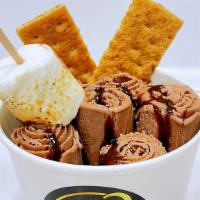 S'More · Base: Chocolate. Mix-in: Graham. Toppings: Graham, Toasted Marshmallow.