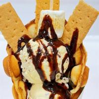 S'More Please · Waffle with 2 scoops of chocolate chip ice cream. Topped with graham and toasted mashmelow.