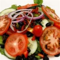 House Salad · Serves 15-20. romaine lettuce beefsteak tomatoes cucumbers bermuda onions olives sundried to...