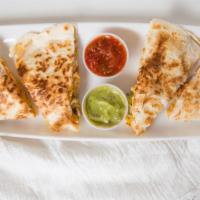 Chicken Quesadillas · with Cheddar Cheese, Shredded Lettuce, & Chopped Tomatoes, Served with Sour Cream, Salsa, & ...