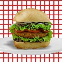 Sumo Falafel Burger · Double falafel patties, Mediterranean style with fresh greens, pickles, shaved onions, Roma ...