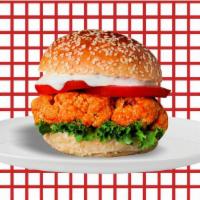 Sumo Crispy Chicken Burger · Double crisp chicken patties, buffalo style with Fresh Greens, Sauteed Onions, Pickles, Buff...