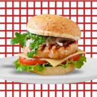 Sumo Grilled Chicken Burger · Stacked grilled chicken patties, California style with your choice of fresh greens, Swiss ch...