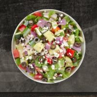 Seek A Greek Salad · (Vegetarian) Romaine lettuce, cucumbers, tomatoes, red onions, olives, tossed with balsamic ...