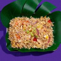 Pineapple Fried Rice · Pineapple fried rice with shrimp, chicken, tomato and curry powder.