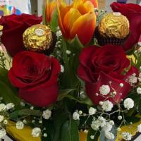 Tulips And Roses In A Box  · Tulips and Roses in a box with a mixed of greenery foliage and 3 Ferrero Rocher chocolates. ...