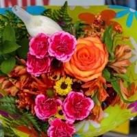 Medium Mixed Flower Bouquet · 1 Rose with a mix of flowers (Daisies, Carnations, Alstroemerias, Mums, and Green Foliage).