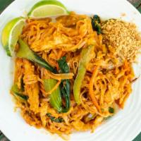 Shrimp Pad Thai · Famous thai noodles stir fried with jumbo shrimp, dried bean curd, egg, bean sprout and scal...