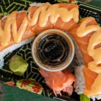 Jr24 Shogun Roll · cooked shrimp, kani , cucumber , avocado ,mayo inside , fresh tuna , avocado on top , serve ...
