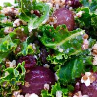 Kale Salad · Apple, quinoa, goat cheese, cranberries, raisins, almonds.