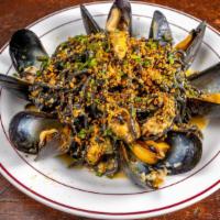 Spaghetti Neri · Squid-Ink Pasta, Mussels, Green Chile, Bottarga