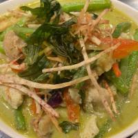 Green Curry · Zesty Green Curry With Onions,Zucchini,Mushrooms,Peppers,Basil and Crunch Taro *Spicy*