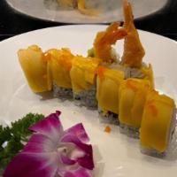 Hawaiian Roll · (In) Shrimp Tempura, Cucumber & Avocado 
(Out) Mango, Mango Sauce & Masago