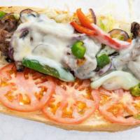 Rockin Steak · Grilled beef with melted mozzarella, peppers, onions, lettuce, tomato & mayo.