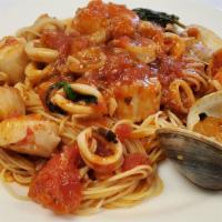 Linguine Pescatore · Shrimp, scallops, clams, and calamari in a marinara sauce.