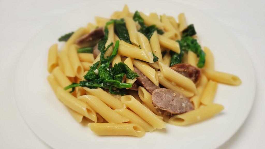 Penne Broccoli Rabe Sausage · Served with broccoli rabe and sweet Italian sausage in garlic and oil.