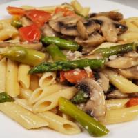 Penne Primavera · Fresh tomatoes, mushrooms, and asparagus in garlic and oil.