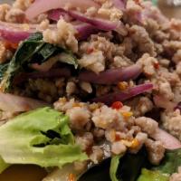 Larb Salad · Choice of minced meat, red onions, ground roasted rice, scallions, cilantro, mint leaves and...