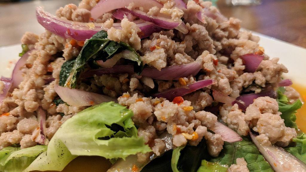 Larb Salad · Choice of minced meat, red onions, ground roasted rice, scallions, cilantro, mint leaves and chili powder with chili lime dressing.