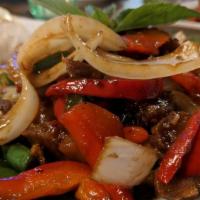 Basil Crispy Pork Belly Over Rice · Sautéed crispy pork belly, onion, string beans, long hot, bell peppers, Thai chili and Thai ...