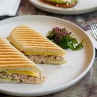 Tuna Melt Panini · Grilled Panini Sandwich made with European Flatbread and topped with Tuna salad and cheddar ...