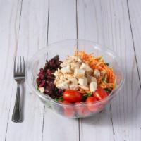 Chicken Salad · Served with mixed greens, carrots, tomatoes, cucumbers, cranberries, and red onions.