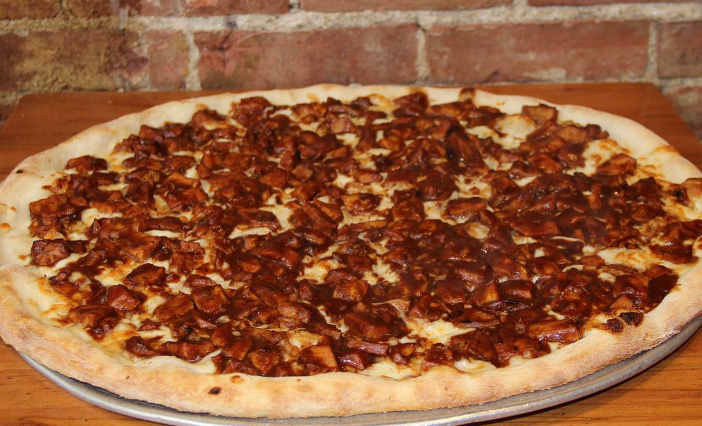 Bbq Chicken Pizza  · Chunks of chicken in bbq sauce with Mozzarella cheese.