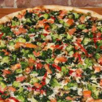 Harvest Pizza  · Spinach, broccoli, mushrooms, roasted peppers, olives, tomatoes.