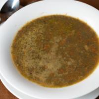 Lentil Soup · Traditional homemade lentil soup with carrots and celery.