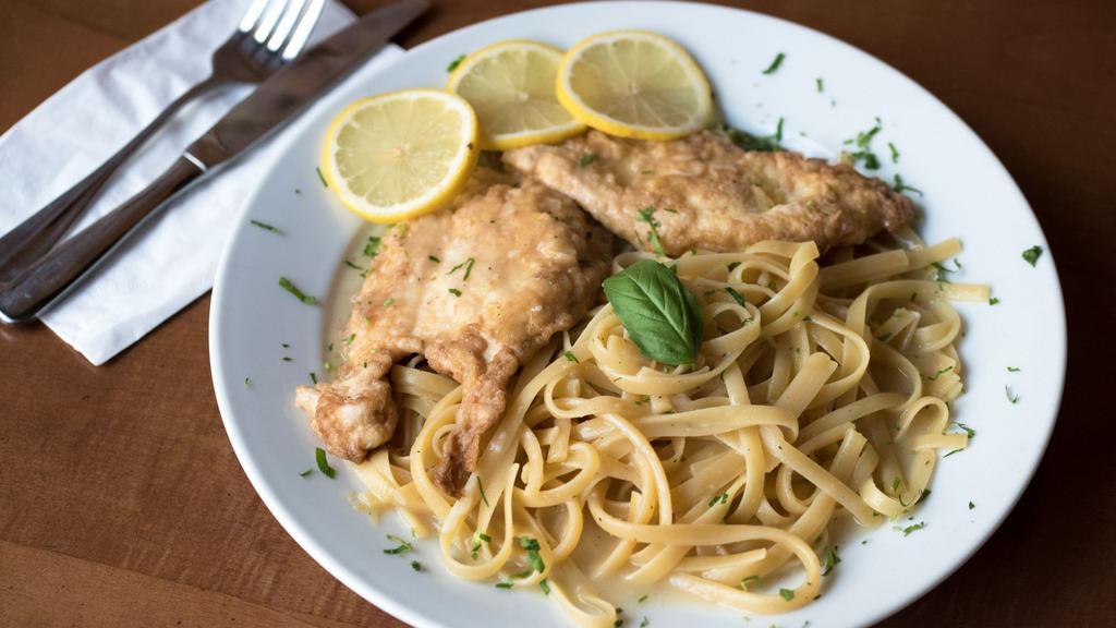 Chicken Francese · Egg battered, sauteed in wine and butter, touch of lemon.