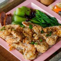 Salt & Pepper Shrimp Bento 椒盐虾便当 · 8 pc shrimps with rice, tea egg, braised dishes and Taiwan Kimchi