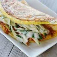 Taiwanese Omelet 蛋饼 · Chinese scallion cake with 2 eggs, flossy pork, cucumber, house made special mayo. Recipe fr...