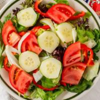 Garden Salad · Includes lettuce tomato cucumber onion green pepper and olives.