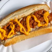 Hill Hot Dog · Two natural casing Sabrett hot dogs topped with chili cheese and grilled onions.