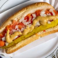 Paulius Hook Hot Dog · Two natural casing Sabrett hot dogs topped with diced tomatoes, pickle spear, sweet relish, ...