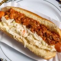 Downtown Hot Dog · Two natural casing Sabrett hot dogs topped with chili and coleslaw.