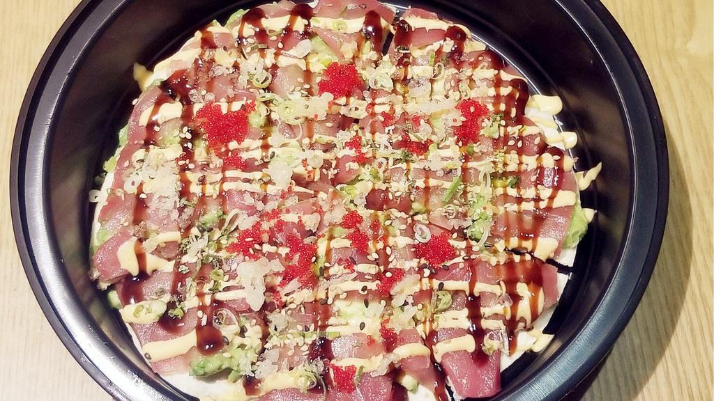 Tuna Tortilla Pizza · Hot. Sliced Tuna avocado tobiko scallion eel sauce spicy mayo.