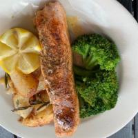 Atlantic Salmon Filet · Broiled, served with rosemary roasted potatoes and broccoli.