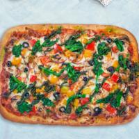 Over The Veggie Vegan Pizza · This pizza is for the veggie lovers out there. Vegan 14' rectangle Sicilian pizza topped wit...