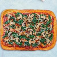 Shroom Of Doom Vegan Pizza · Mushroom lovers rejoice. Enjoy mushrooms on top of a vegan 14' rectangle Sicilian pizza with...