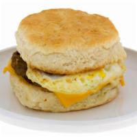 Egg, Cheese, & Sausage Sandwich · Fresh eggs, sausage, and creamy cheese stuffed in between sandwich bread.