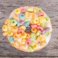 Loopy · Vanilla glaze with froot loops cereal.
